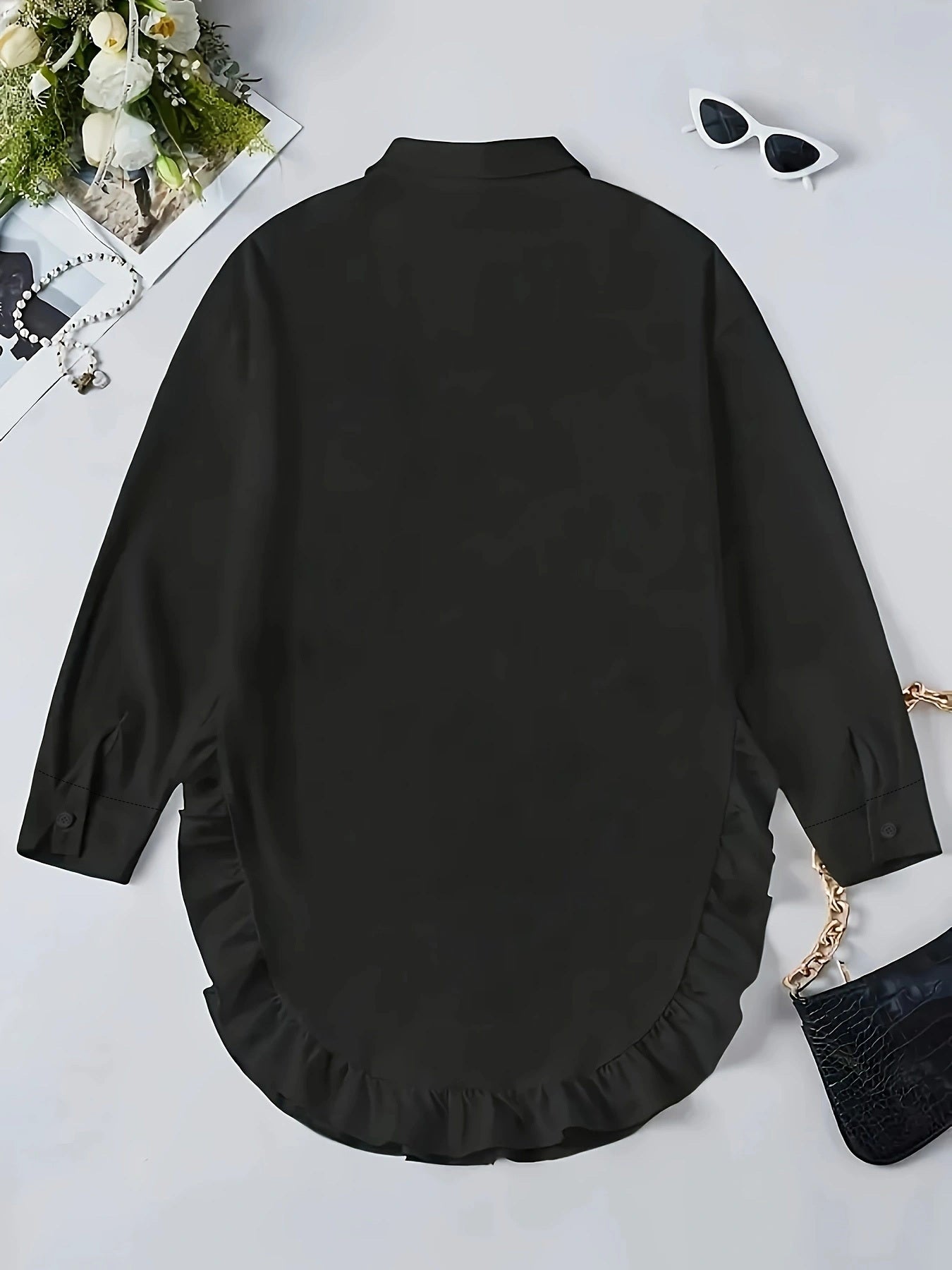 Women's Plus Size Casual Shirt With Ruffle Hem, Solid Color, Woven Polyester, Non-Stretch, Pointed Collar, Button Front, For All Seasons
