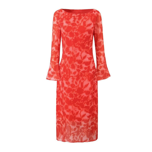 Women's Clothing Rose Printed Long Sleeve Dress Midi Dress