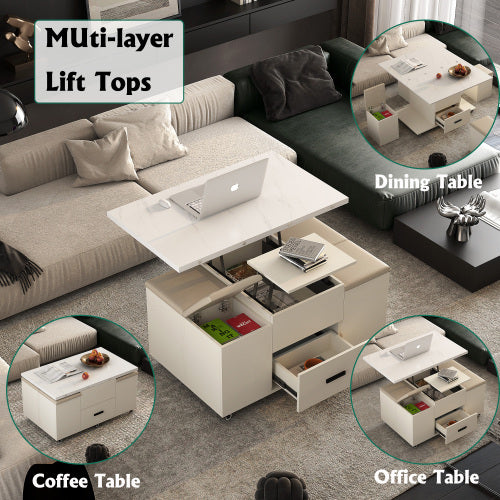 Modern Lift-Up Coffee Table With 4 Stools Set For Living Room Expandable 1 Hidden Storage 2 Drawers Space Saving Folding Dining Table