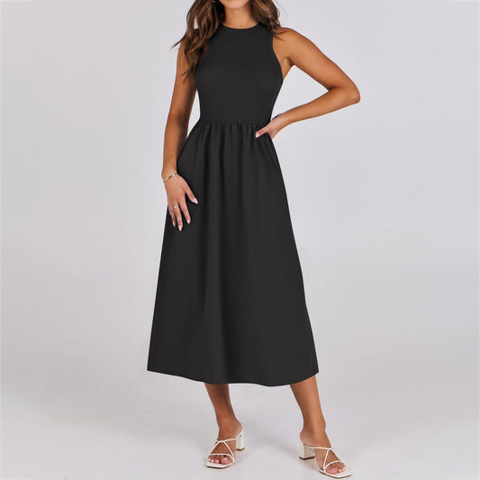 Sleeveless Knitted Stitching Casual Long With Pockets Advanced Sense Dress