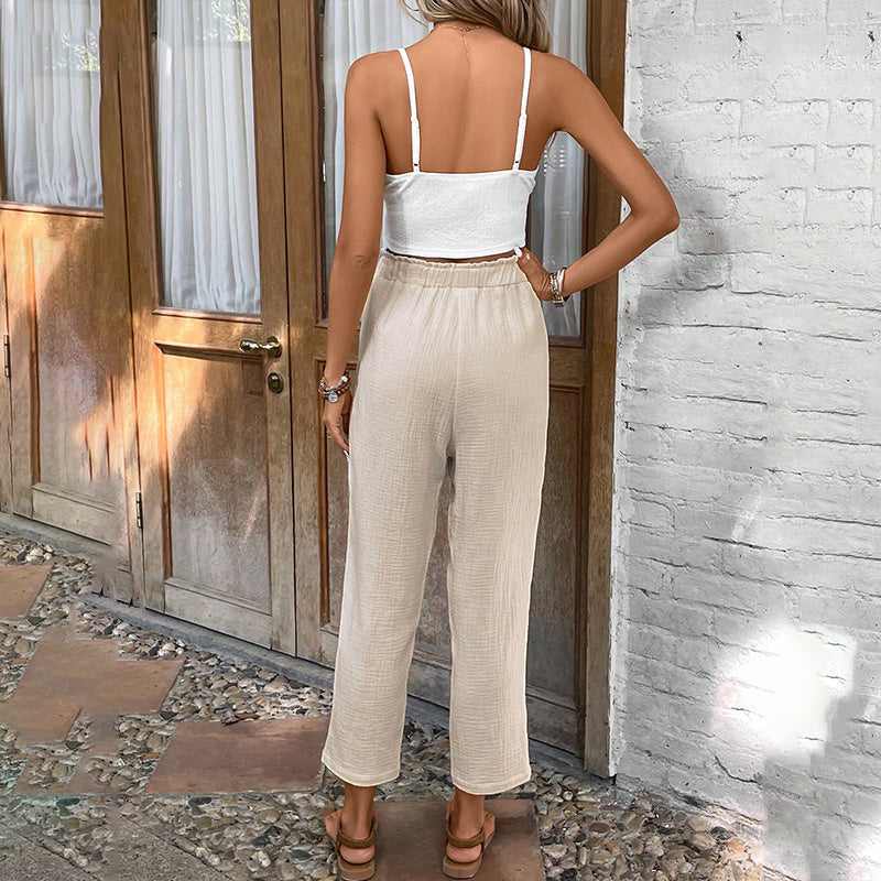 Women's Summer 2-Piece Outfit Sleeveless Lace Vest Top And Casual Elastic Waist Pants