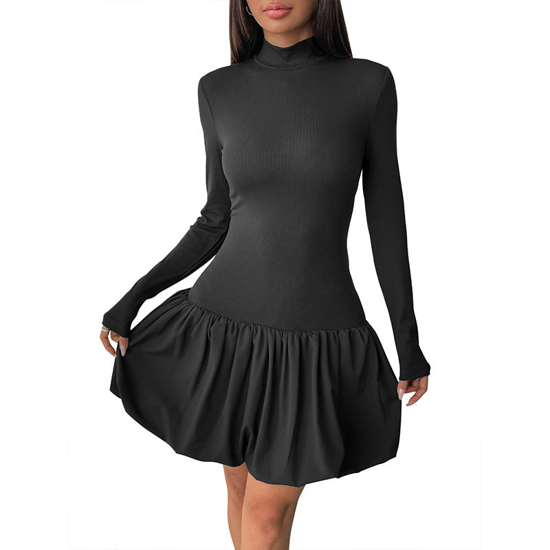 Simple Elegant Basic Turtleneck Long Sleeve Solid Color Dress