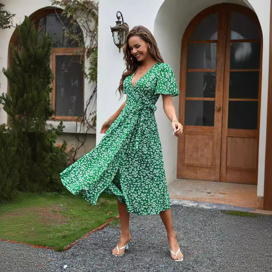 European And American Printed V-neck High Waist Midi Dress