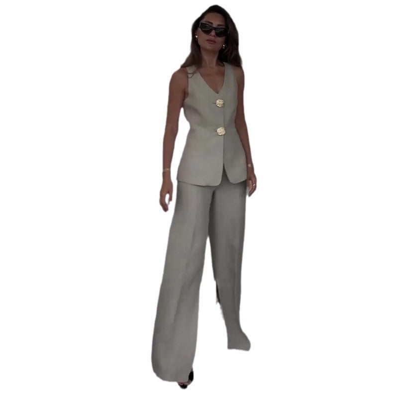 Summer New European And American Solid Color Sleeveless Slim Fit Vest Suit Pant Suit