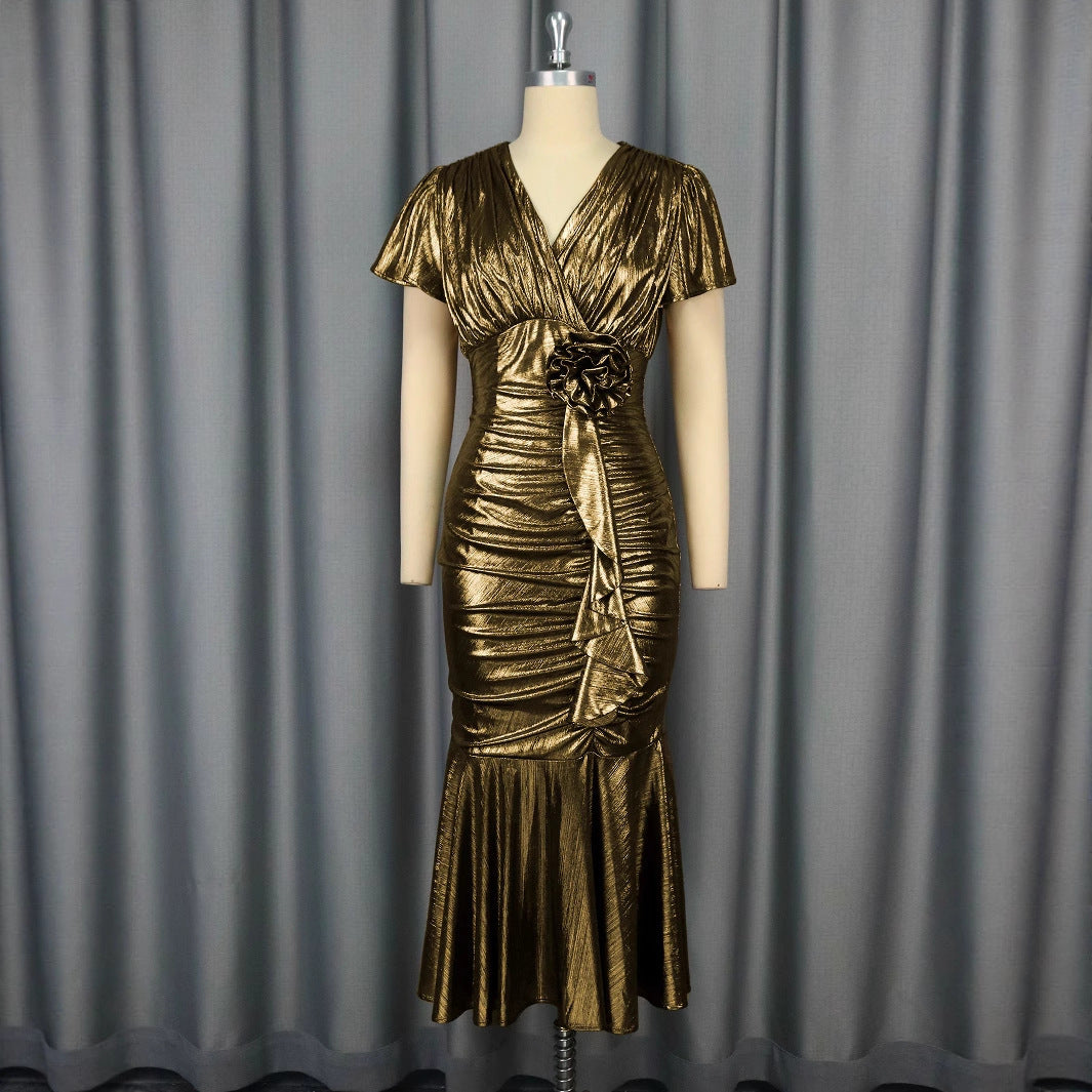 Three-dimensional Flower Waist Trimming Fashion V-neck Pleated Fishtail Skirt