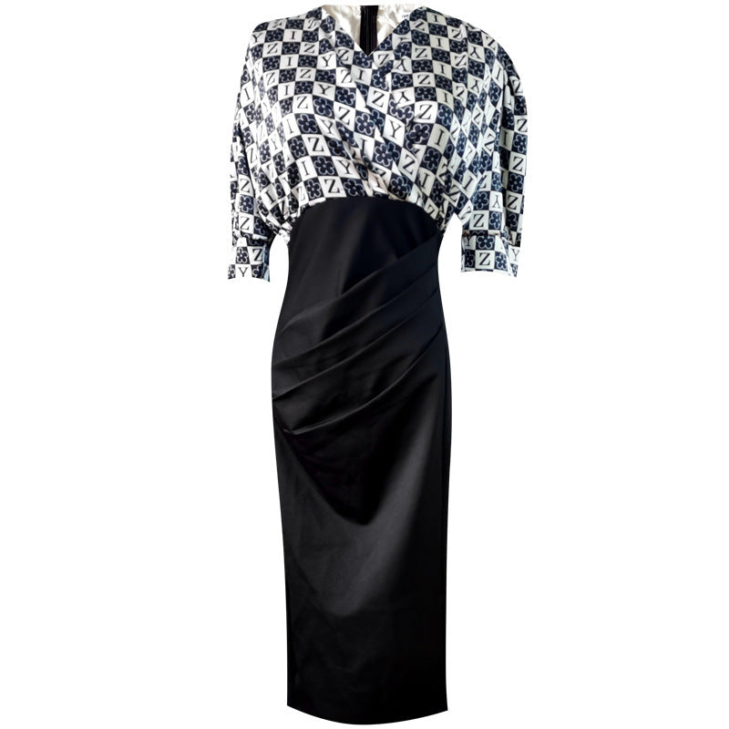 Women's Fashionable V-neck Midi Short Sleeve Black Dress